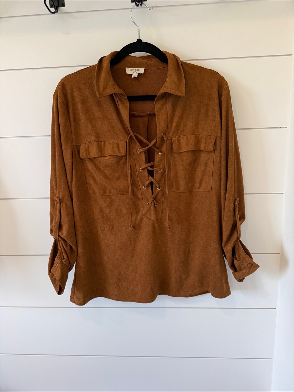 Umgee Lace-Up Suede-Look Tunic Top - Chestnut Brown